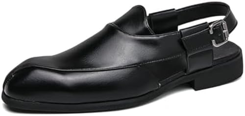 Men's Panelled Leather Closed-toe Sandals with Adjustable Buckle Straps Non-slip Breathable Pointed Block Heel Slippers, Business Walking Driving Office Dress Shoes (Black,7)