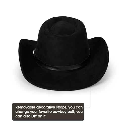 Image of 2 Pack Western Cowboy Hats for Women Men 2 Different hat Bands | Classic Felt Wide Brim Costume Cow Boy Hat Curved Brim Cowgirl Hat