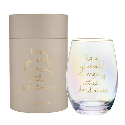 Santa Barbara Design Studio Holiday Stemless Wine Glass with Luster Finish and Gift Box, Holds 17 Fluid Ounces, Merry Little Christmas