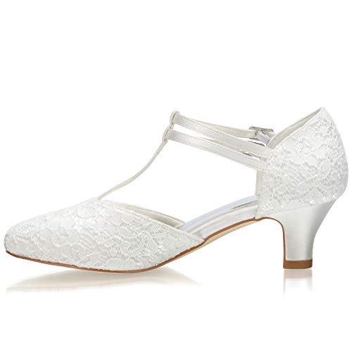 JIAJIA 00968 Women's Bridal Shoes Closed Toe T-Strap 1.9" Block Low Heel Lace Satin Pumps Wedding Shoes - Image 4