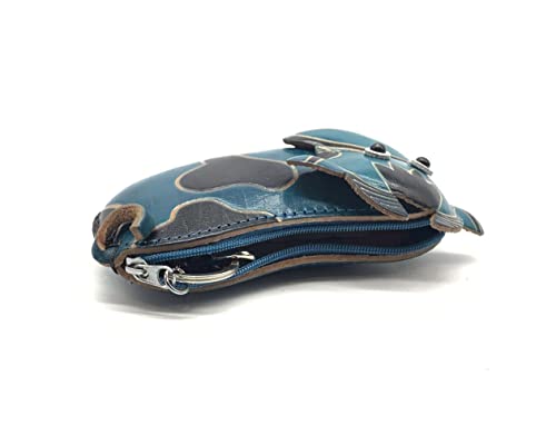 Handmade Vintage Genuine Leather 3D Animal Cow Money Coin Purse with wrist strap; Removable strap (Blue)3