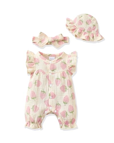 Renotemy Baby Girl Newborn Clothes Infant Summer Outfits Bubble Romper Cotton Linen Strawberry Sleeveless Bodysuit Jumpsuit with Hat&Headband Baby Shower Gifts Coming Home Outfit for 3-6 Months Girls