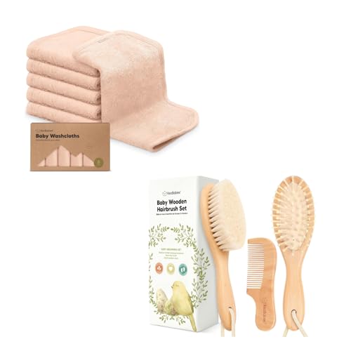 Image of KeaBabies Baby Washcloths for Newborn, Kids and Baby Hair Brush and Comb Set - Soft and Absorbent Kids Towel, Soft Goast Bristle Hairbrush Set for Kids