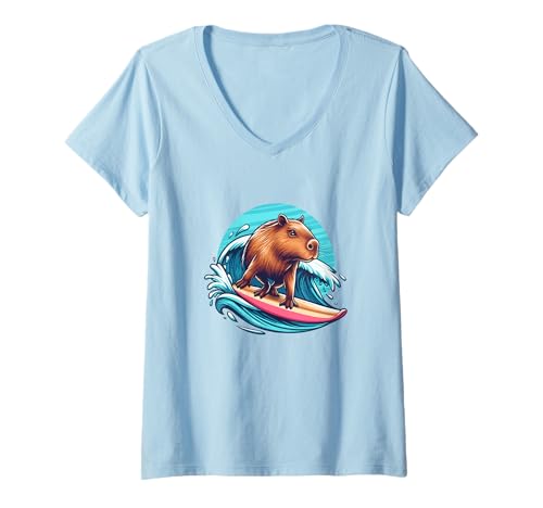 Womens Funny Capybara Surfer Surf Board Surfing Men Women Kids Capy V-Neck T-Shirt