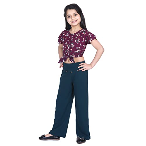 Image of LILPICKS Girls' Cotton Knot Floral Top with Polyester Stretchable Pant Set (Wine & Teal Green)