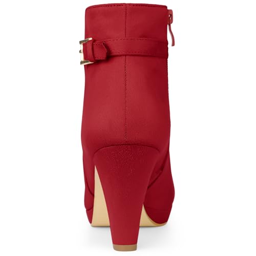 Allegra K Allegra K Women's Low Platform Zip Buckle Chunky High Heel Red Ankle Booties 9.5 M US