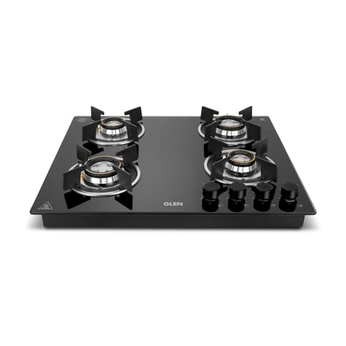 Glen Hob 4 Burner Built In Glass Hob 4 Burner Auto Ignition | 8 MM Thick Toughened Glass Top Black | Double Ring Forged Brass Burners (1064 RO HT DB)