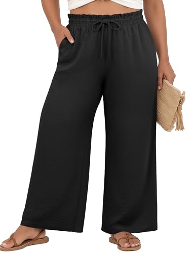 OLRIK Women's Plus Size Pants High Waisted Wide Leg Adjustable Drawstring Long Straight Trousers Fall Outfits