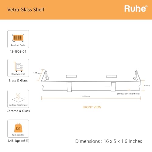 Image of Ruhe Premium Vetra Bathroom Glass Shelf | Multipurpose Wall Mounted Shelves Rack for Kitchen /Living Room - Bathroom Accessories 16 x 5 inches (Chrome Finish)