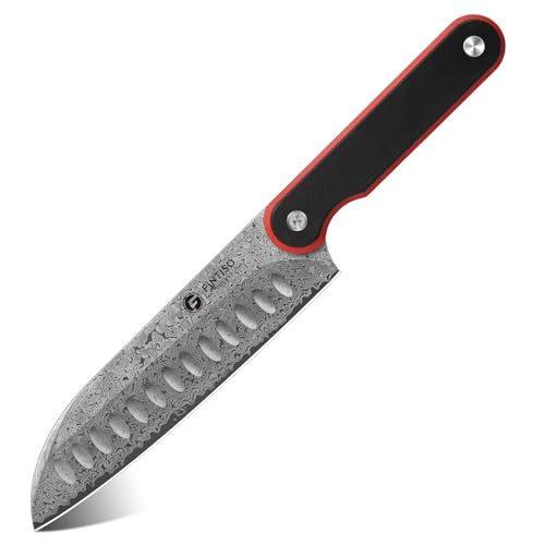 Image of FINTISO Chef Knife 7 Inch Kitchen Knife, Sharp Santoku Knife 67-Layer Damascus Steel with 10Cr15CoMoV Steel Core, Professional Cooking Knife with Ergonomic Full Tang G10 Handle for Chopping Slicing