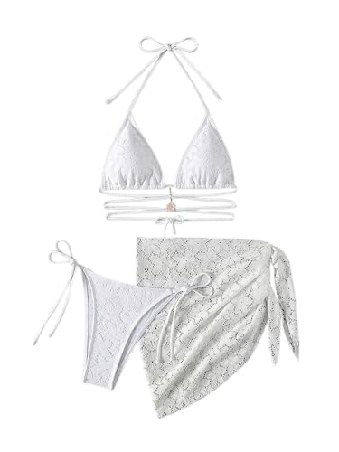 SHENHE Women's 3 Piece Floral Lace Criss Cross Halter Triangle Bikini Set with Sarong Cover Ups3