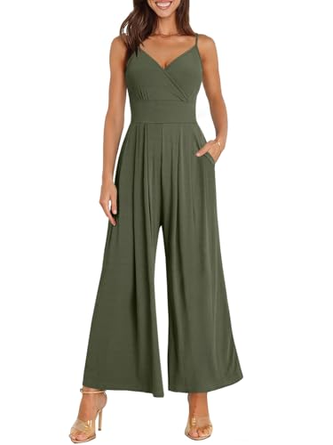 ANRABESS Jumpsuits for Women 2025 Summer Dressy Spaghetti Strap Ribbed V Neck Wide Leg Overalls Flowy Romper Jumpers Outfits Army Green Large
