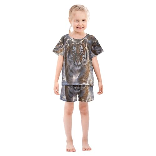 ALAZA Tiger Winter Snowflake Pajamas Set Short Sleeve Cotton Sleepwear Summer Pjs 2 Piece 5-14Y3
