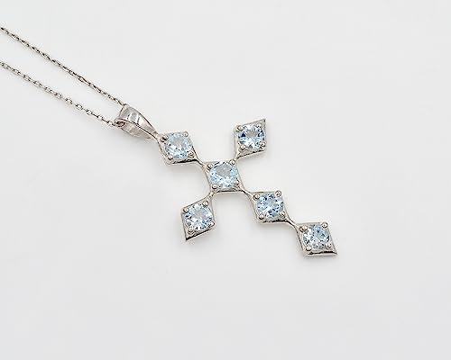 Natural 5 MM Round Aquamarine Gemstone Holy Cross Pendant Necklace 925 Sterling Silver March Birthstone Aquamarine Jewelry Bridal Necklace Gift For Her (PD-8565)3