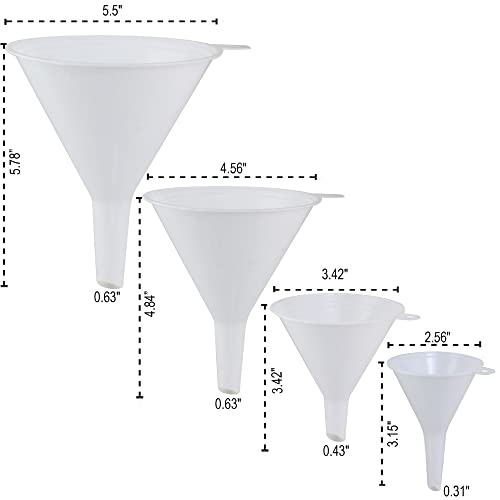 Image of Plastic Funnel for Automotive Use - Kitchen Funnels for Filling Bottles, Jars, Containers or Lab Use - Oil Funnel for Gas, Car Oil, Lubricants and Fluids (White-4 Pack)
