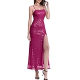 Timathous Women's Bodycon Spaghetti Straps Sequin Slit Maxi Dress Sparkly Glitter Club Party Dresses (201-Hot Pink-L)