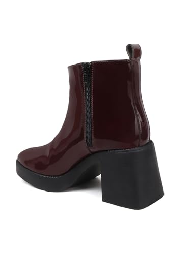 Image of ELLE Women's Glossy Platform Ankle Bootie Chunky Heel with Gold-Tone Emblem
