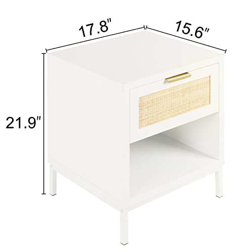 Anmytek White Nightstand with Rattan Decor Drawer, Mid Century Modern End Table with Open Storage, Farmhouse Night Stand, Small Side Table for Bedroom - Image 5
