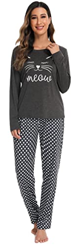 Vlazom Pijama Mujer Invierno Algodon Pijama Mujer Manga Larga de Cuello Redondo (B-Gris,XXL)