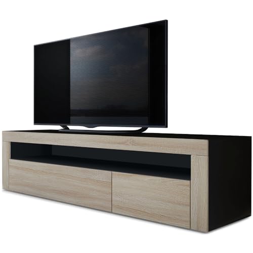 Vladon Buffet Bas Valencia, Meuble TV avec 1 Compartiment Ouvert et 2 clapets, Noir Mat/chêne Brut/chêne Brut (155 x 46 x 40 cm)