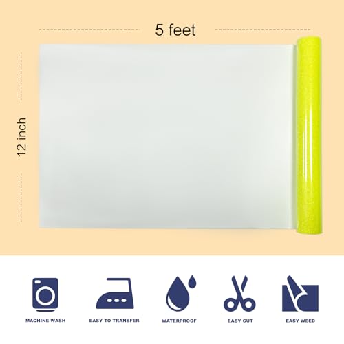 Image of Fluorescent Yellow Glitter Puff Vinyl Heat Transfer 12 inch x 5ft 3D Puff HTV Vinyl, Glitter Puffy Iron-On for Fabrics, Perfect for T-Shirts, Bags, Pillows, Compatible with Cricut