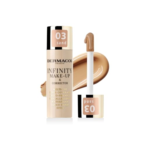 Dermacol Base de maquillaje y corrector Infinity, Multiusos, Supercobertura, Photo-friendly, Hipoalergénico, Resistente al agua, A prueba de contacto, SPF 15, 03 - SAND
