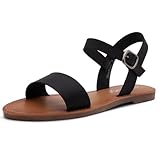 Herstyle Keetton Women's Flat Sandals Open Toe Ladies Dressy Sandals Black White Cognac Flat Sandals Ankle Strap Comfy Casual Sandal for Summer, Black, Size 8.0