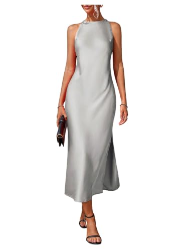 Image of Floerns Women's Elegant Crew Neck Maxi Slit Cocktail Tank Wedding Dress | Boat Neck, Side Slit, Long, Party, Cocktail, Formal, Rehearsal Dinner Guest Midi Dress