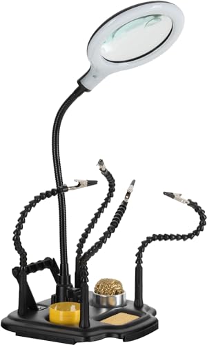 Stagecaptain LH-440 Ayuda para Soldar con Lámpara Lupa, brazos flexibles con pinzas cocodrilo, lupa flexible (3/12 dioptrías) con LED e limpiador de punta para manualidades y soldadura.
