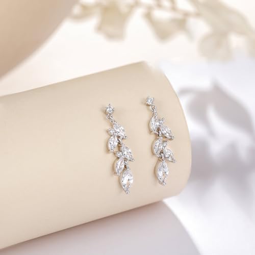 EAMTI Marquise Wedding Earrings for Brides Bridesmaid Cubic Zirconia Leaf Dangle Sterling Silver Posts Earrings for Women3