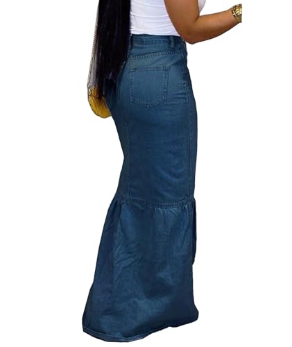 SEMATOMALA Women's Button Down Denim Ruffle Maxi Dress Packaged Hip Mermaid Elegant Long Fishtail Jeans Blue Skirt2