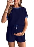 BLENCOT Pajama Sets for Women 2 Piece Maternity Clothes Casual Clorblock Short Sleeve Shorts Pregnancy Outfits Lounge Set Dark Blue Medium