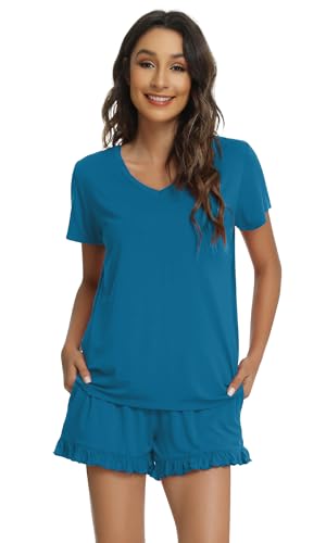 Image of WiWi Womens Pajamas Set Bamboo Viscose Super Soft Short Sleeve Top Ruffle Shorts Sleepwear Cooling Pj Sets S-XXL
