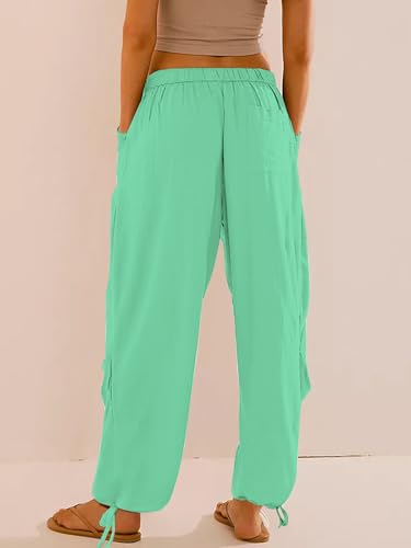 Image of Women's Linen Balloon Barrel Beach Pants Boho Harem Flowy Drawstring Casual Loose Pants with Pockets