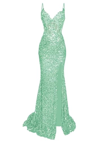 HANVAIOS Mint Green Prom Dress Sparkly Sequin Mermaid Ball Gowns with Slit Corset Prom Gowns for Teens Size 6