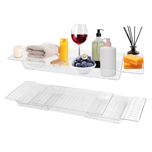Luxvara Bath Tray, Bath Caddy Tray, Bathtub Trays, Adjustable Bathtray with Drain Holes, Baths Trays for Across the Baths, Expandable Bathtub Caddy Rack for Books Wine Phone Toiletries (Transparent)