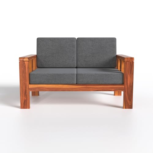 Image of Sheesham Wood 2 Seater Sofa Set with Cushions | Living Room & Office | Natural Teak Finish | Solid Wood Frame | Compact 2 Seater Design