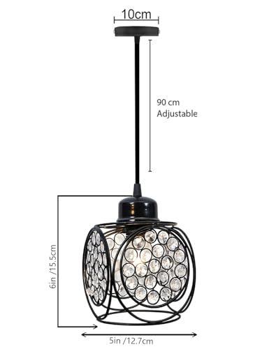 Image of Modern Black Metal Crystal Pendant Light | Round Cage Hanging Ceiling Lamp | Decorative Chandelier Light for Living Room, Bedroom, Dining Area | Warm Ambient Lighting (Ring Cube Black)