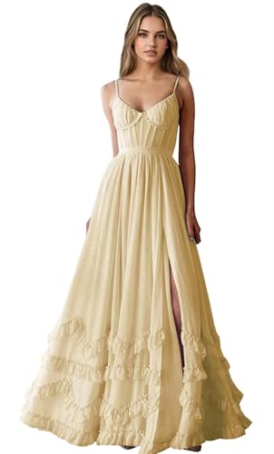 Ruffle Bridesmaid Dresses for Women Long Chiffon Formal Dress with Slit V-Neck Formal Evening Dress