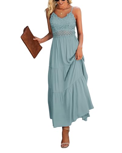 Image of Dokuritu Women's Beach Crochet Lace Maxi Dress Solid Color Summer Vacation Wedding Guest Spaghetti Strap Long Dress