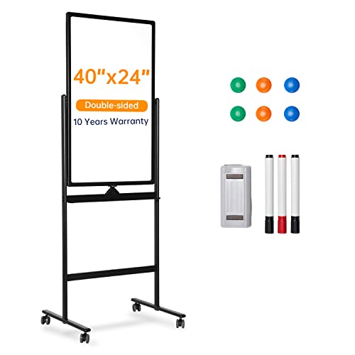Mobile Dry Erase Board on Wheels - 40 x 24 Magnetic Double Sided Whiteboard Easel, Large Reversible Rolling White Board with Aluminum Frame Standing for Office, Home, Classroom