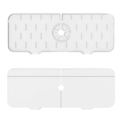2Pcs Faucet Sink Splash Guard, Silicone Faucet Handle Drip Catcher Tray Drying Mat, Kitchen Guard Silicone Faucet Mat, Sink Mat for Kitchen Bathroom, White