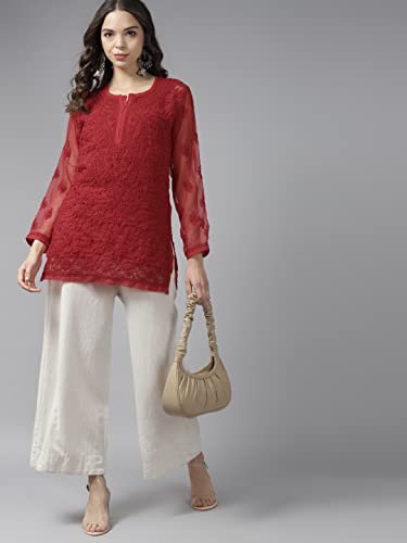 Image of Ada Women's Georgette Regular Fit Chikankari Hand Embroidered Lucknowi Short Top Kurti with Slip A211683