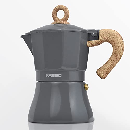 KASSO Stovetop Espresso Maker, 3 Cup Aluminum Moka Pot for Classic Espresso, Italian Coffee Maker for Home and Camping, Easy to Operate & Quick Cleanup (Grey and Burlywood)