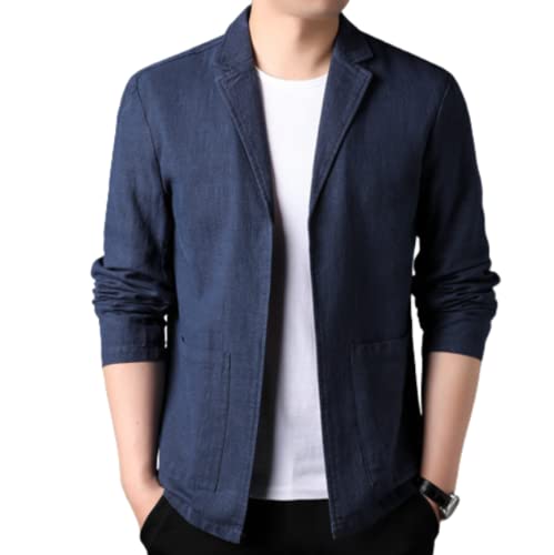 LIRU - Blazer Hombre, Lino Casual Para Hombres, Traje Sin Botones, Chaqueta Bolsillos Grandes, Abrigo Blazer Deportivo Elegante, Azul Marino, Ajuste Regular, Adecuado Para La Fiesta De Graduación