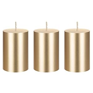 Mega Candles 3 pcs Unscented Solid Gold Pillar Candles, Hand Poured Premium Wax Candle 2 Inch x 3 Inch, Home Décor, Spas, Weddings, Celebrations, Party, Centerpieces, Holidays, Vigils, Prayers