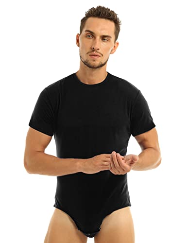 renvena Mens Press Button Crotch Shirt Bodysuit Short Sleeve Leotard Undershirt Romper2