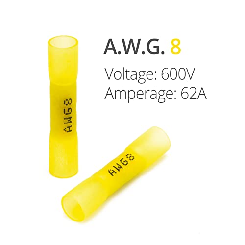 Wirefy 50 PCS Heat Shrink Butt Connectors Yellow 8 AWG - Larger Diameter Marine Grade Butt Connectors - Wire Butt Splice Connectors - Electrical Waterproof Heat Shrink Butts