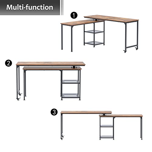 Soges Reversible L Shaped Desk, 360° Free Rotating Corner Computer Desk, 55 Inch L Desk With Storage Shelves For Home Office, Modern Study Writing Table Workstation, Rustic Brown #TOP4