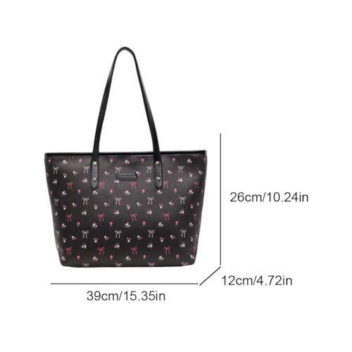 Image of hibear Cherry Print Tote Bag for Women Bow Shoulder Handbag Trendy Faux Leather Top-Handle Bag with Cherry Accessories
